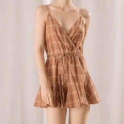 Storia Plaid Drawstring Waist Romper in Brown - women