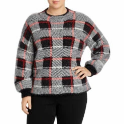 Single Thread Plus Womens Plaid Mock Neck Pullover Sweater