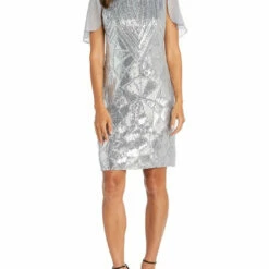 R&M Richards Womens Sequined Capelet Cocktail and Party Dress