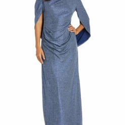 R&M Richards Womens Metallic Draped Evening Dress