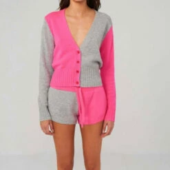 Brodie Cashmere Color Block Cardi in Super Grey/ Neon Pink - women