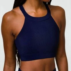 Onzie High Neck Crop Top In Marine Navy Rib - women