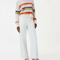 Brodie Cashmere Pop Stripe Crew Jumper in Organic White - women