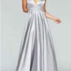 Faviana Long Satin V Neck Dress in Silver - women