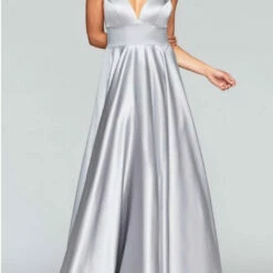 Faviana Long Satin V Neck Dress in Silver - women