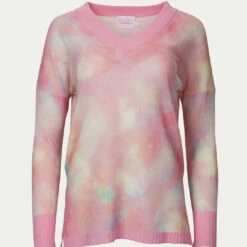 Brodie Cashmere Daydream Harriet V-Neck Sweater in Pink Mix Print - women