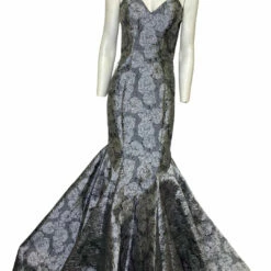Faviana Jacquard Classic Evening Gown in Grey And Silver Floral - women