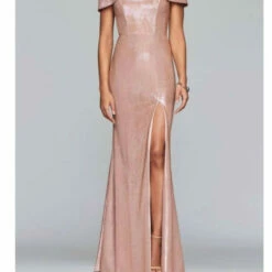 Faviana Classic Metallic Off The Shoulder Gown in Rose Gold - women