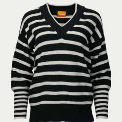 Brodie Cashmere Natalia Striped V-Neck Jumper in Coal - women